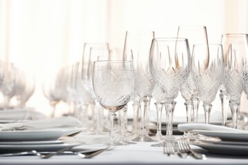 Empty wine glasses on a table, suitable for restaurant or event concept