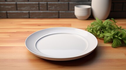 Wall Mural - A simple white plate on a rustic wooden table. Perfect for food or kitchen-related designs