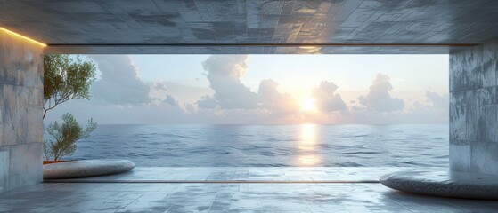 Poster - An empty concrete room with large window and a sea background, rendered in 3D.