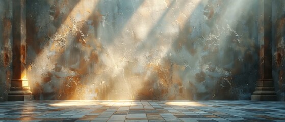 Poster - An Empty Stage with Tile Flooring Unveils 3D Spotlight Treasures