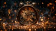 Abstract Defocused Background - 2024 New Year Countdown To Midnight - Clock And Golden Fireworks