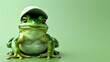 Cute little green frog wearing baseball hat isolated on green background, animals and wildlife template with copy space area, wallpaper, banner