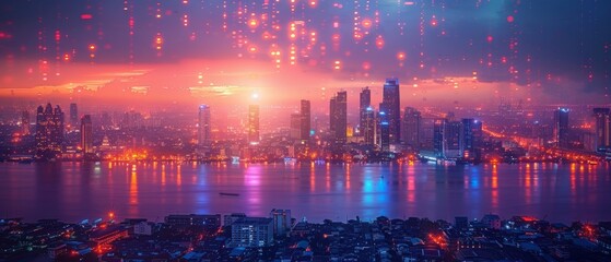 Fototapete - Connecting dots with gradient lines in a smart city concept. Bangkok, Thailand night city banner with big data.