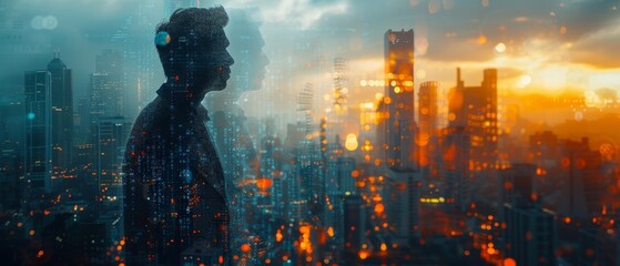 Fototapete - A double exposure shows a businessman in front of modern technology
