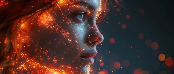 Aufkleber - The Internet of Things, digital marketing, big data, digital technology, internet of things. Woman using a modern computer browsing the Internet in the future. Innovative technology background.