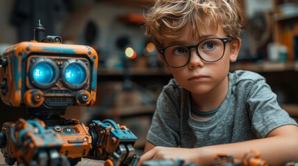 Fototapete - The nerd is holding a robot. The boy, wearing gray glasses and a gray shirt, is sitting at the table in front of him. The boy is very happy with his work.
