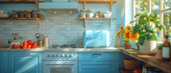 Fototapete - Kitchen interior with blue island. Stylish kitchen with white countertops. Bright and cozy kitchen with utensils and appliances. Work space. 3D animation.
