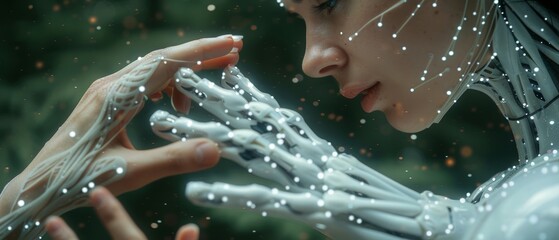 Wall Mural - The hands of a robot and a human touching DNA connected is an illustration of a virtual interface that illustrates a future concept that means science and innovation, as well as artificial