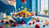 Fototapeta Do akwarium - Experience the mesmerizing chaos of cornflakes cascading through the air, blueberry, raspberry, strawberry, milk splashing , splash white milk, no bowl, in creative  blue morning room background