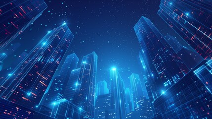 Aufkleber - The bottom view of modern skyscrapers in business district. Abstract skyscraper silhouette in a city. Low poly wireframe  illustration with modern glass silhouettes.