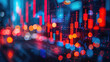 Stock market chart glowing on blurred city background. Financial graph diagram for stock market analysis, investment, and trading. Economic growth concept for business, finance, crypto currency