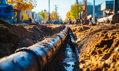 Underground water pipeline installation in trench, infrastructure development for urban water supply system, civil engineering construction