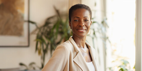 Successful professional mature black woman with short hair wearing tan business suit and standing in office interior with natural window light