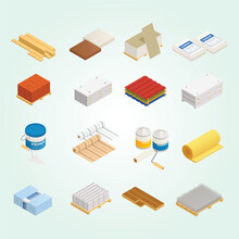 Construction Materials Isometric Icons Collection Sixteen Isolated Images With Hardware Building Supplies