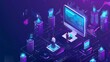 Isometric concept banner illustrating business technology management: strategy, innovation, and efficiency in modern enterprises
