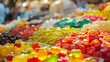 Close-up of colorful sweets and jellies at a market stall.Various gelatin