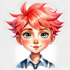 Wall Mural - Coral Expressions: Watercolor Portraits of a Cute Boy Character with Coral Hair Displaying Various Emotions.(Generative AI)
