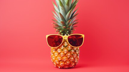 Wall Mural - Ripe pineapple in sunglasses on a colored background. summer