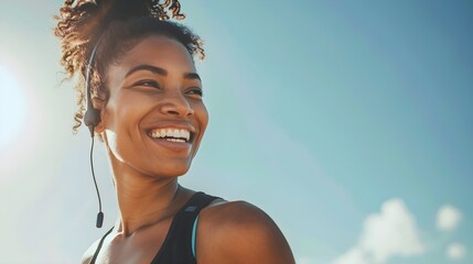 Poster - Fitness, black woman and happy athlete smile after running, exercise and marathon training workout. Blue sky, summer sports and run of a African runner breathing with happiness from sport outdoor