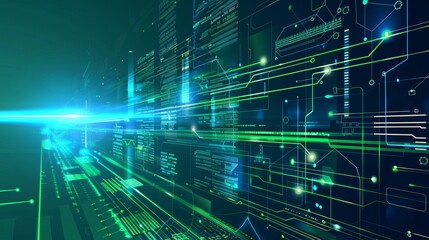 Futuristic digital technology banner: abstract circuit concept on green and blue background, innovation future data, internet network, ai big data, futuristic wifi connection - illustration