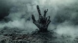 Fototapeta  - A zombie hand rises from a pile of dirt, showcasing a spooky and eerie scene