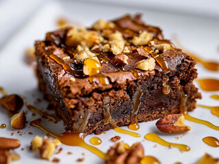 Chocolate Brownie Cake with Nuts and Caramel Drizzle