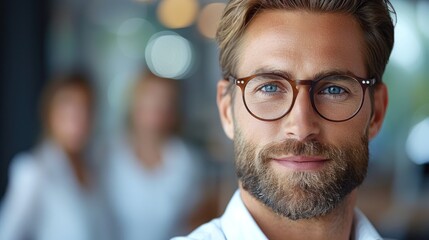 Wall Mural - Bearded man wearing glasses looking directly at the camera