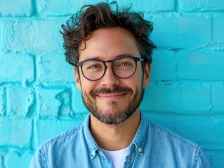 Poster - Man in glasses smiling against blue brick wall