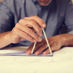 Poster - Hands, compass and triangle for architecture, blueprint drawing for construction with person and stationery. Drawing tools, equipment and closeup of floor plan for property development or renovation