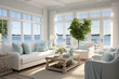 Coastal serenity indoors, with aqua throw pillows adorning plush white sofas, framed by navy accents and panoramic windows that capture the essence of a sunlit summer day