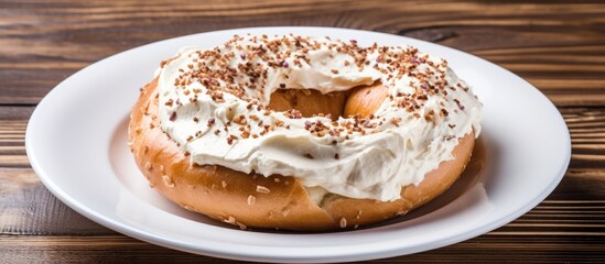 Aufkleber - Delicious Bagel Topped with Cream Cheese and Fresh Sprinkles on a White Plate