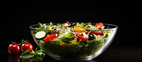 Leinwandbilder - Vibrant Glass Bowl Filled with Fresh Vegetable Salad, Nuts, and Grapes for a Healthy Meal