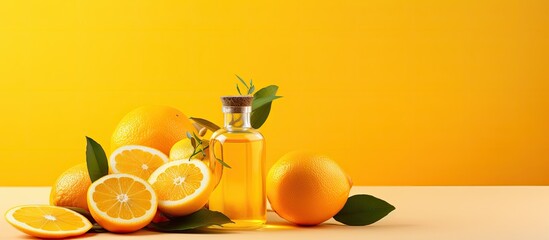 Poster - Vibrant Orange Oil Bottle and Fresh Citrus Fruits on Yellow Background