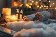 A warm inviting photo of a candlelit bubble bath with skincare oils nearby