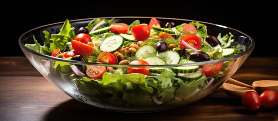 Leinwandbilder - Vibrant Glass Bowl Salad with Fresh Tomatoes, Cucumbers, Arugula, and Walnuts