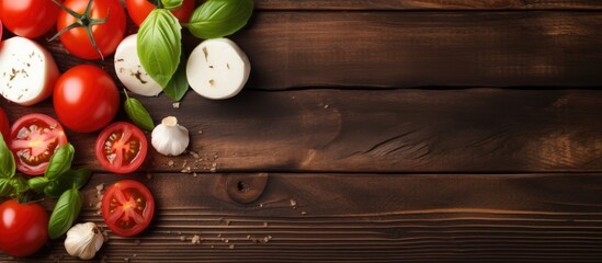 Poster - Fresh Tomatoes, Onions and Garlic Arranged on a Rustic Wooden Table with Space for Text