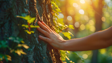 Wall Mural - Human hand touching a tree in the rainforest. Concept of loving nature.
