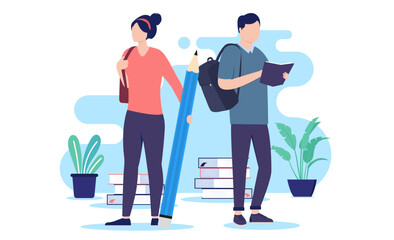 Fototapete - Two students - Man and woman student taking education, learning and going to courses standing in front of school books. Flat design vector illustration with white background