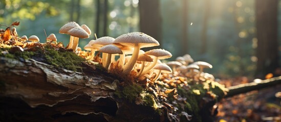 Poster - Enchanting Cluster of Wild Mushrooms Flourishing on Decaying Tree Trunk in Lush Forest Habitat