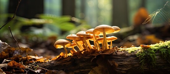 Poster - Diverse Wild Mushrooms Sprouting Elegantly on Timber Log in Lush Forest Setting