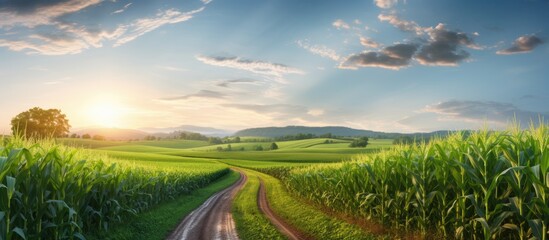 Poster - Rustic Pathway Cutting Through Lush Cornfield Countryside Landscape