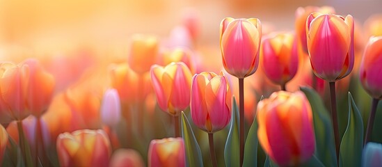 Leinwandbilder - Vibrant Spring Symphony: Lush Pink and Orange Tulips Blooming in a Colorful Garden Oasis