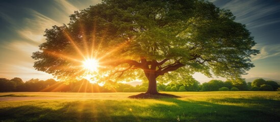 Fototapete - Majestic Tree Bathed in Radiant Sunlight Stands Tall in Vast Field of Green