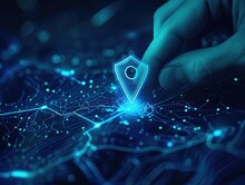 Mapping The Future: Digital Hands Set Location On Map, Abstract Image Of Map Icon Dark Blue Lines Color, Shipping And Logistics Innovation And New Office Research. AI