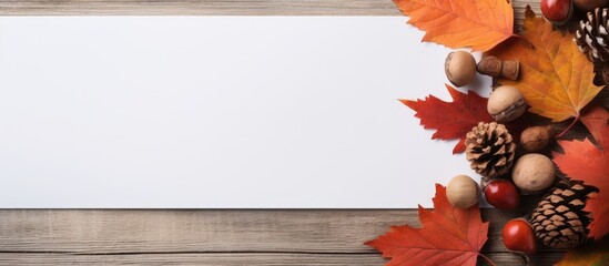 Leinwandbilder - Vibrant Autumn Background Featuring a Blank Paper Surrounded by Colorful Leaves and Natural Elements
