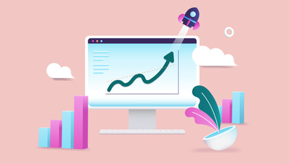 Fototapete - Computer with rising chart - Desktop screen with green arrow graph pointing upwards showing financial success and business growth. Semi flat 3d vector illustration