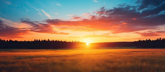 Wall Mural - Spectacular Sunset Sky Over Meadow Casting Warm Glow on Tall Grass Field
