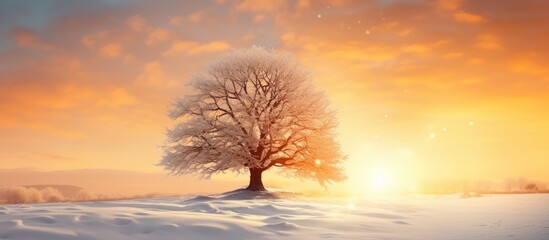 Fototapete - Majestic Tree Glowing in Winter's Golden Light Creates Enchanting Snow Fairy Tale Scene