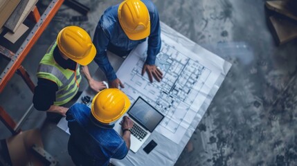 top-down shot: engineers engaged with laptop analyzing blueprint