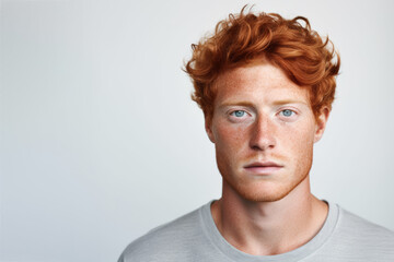 Curly redhead european man with freckles skincare concept on white background, copy space